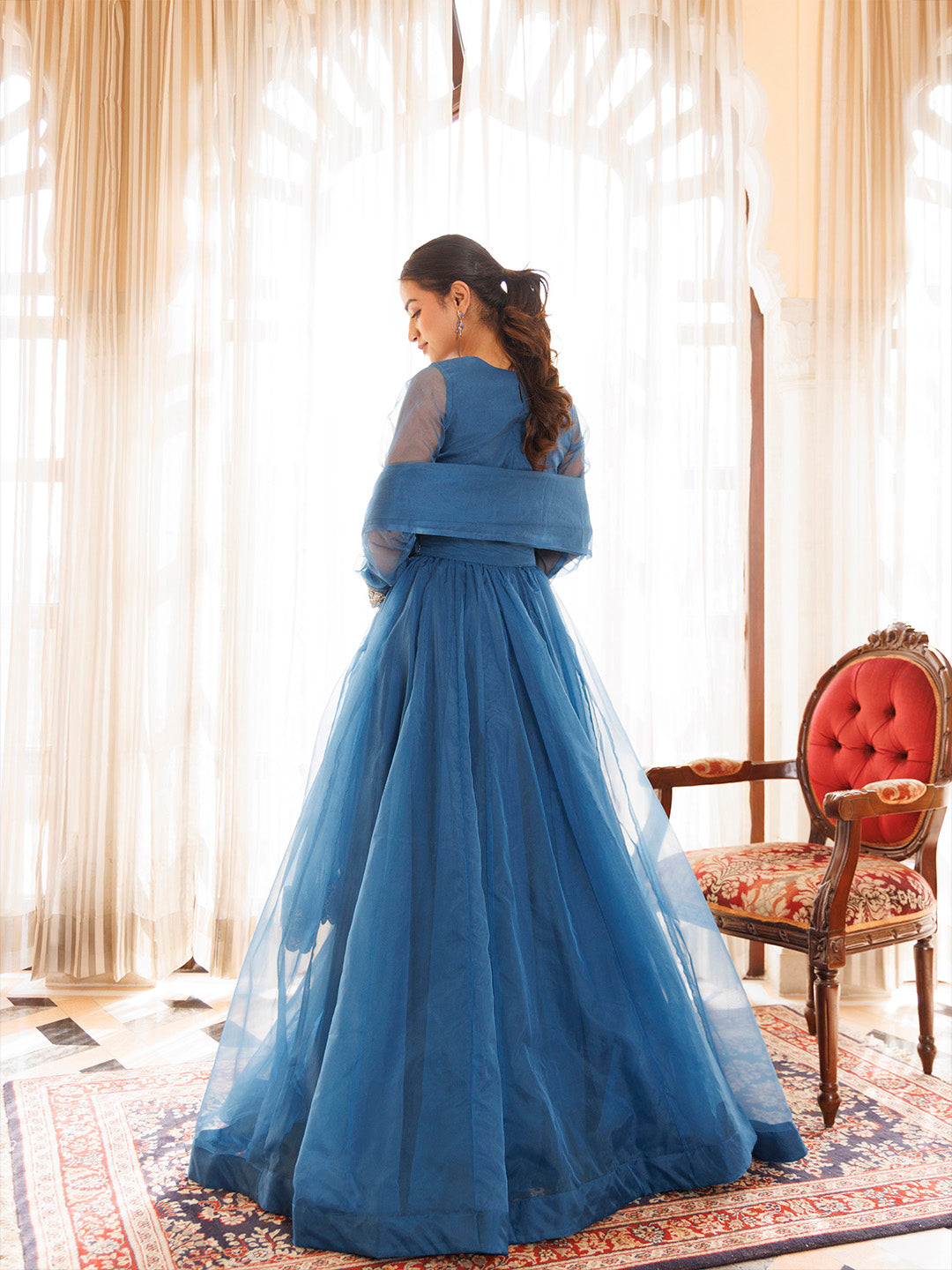 Navy Blue Organza Lehenga Set
