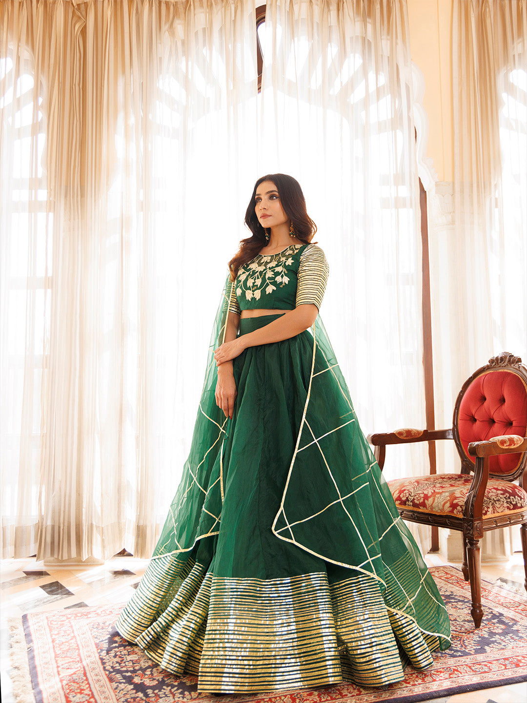 Emerald Green Organza Lehenga Set