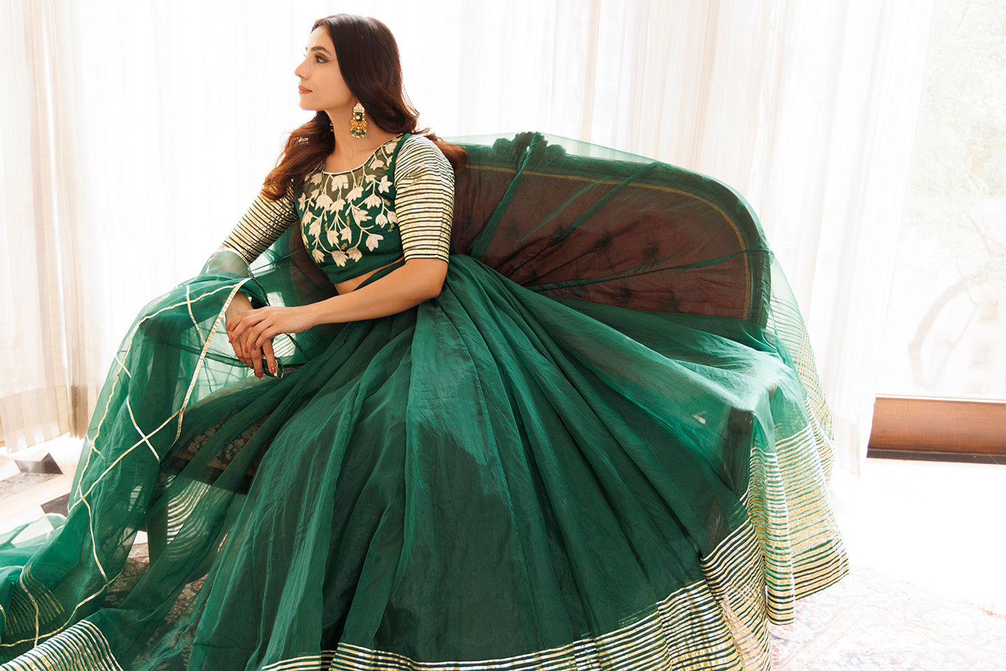 Emerald Green Organza Lehenga Set