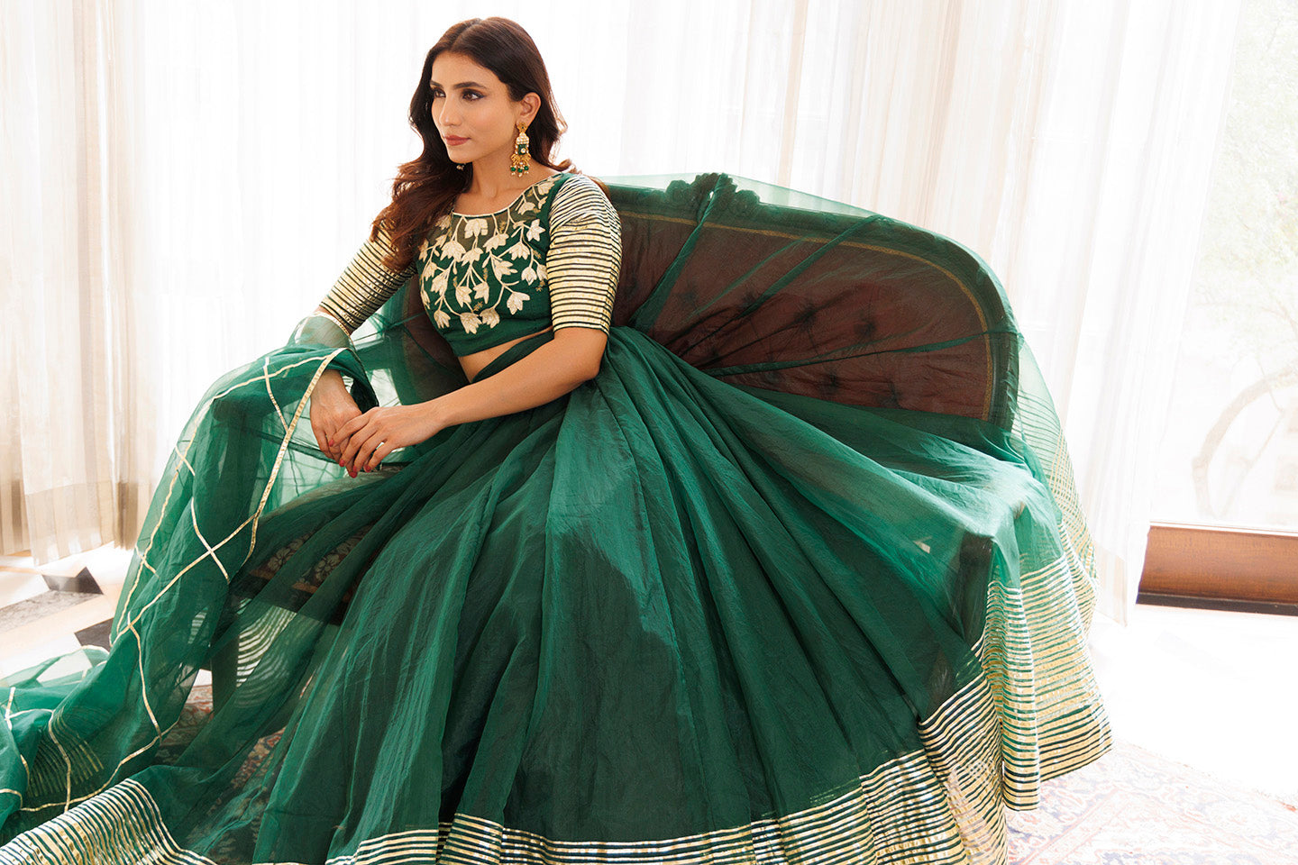 Emerald Green Organza Lehenga Set