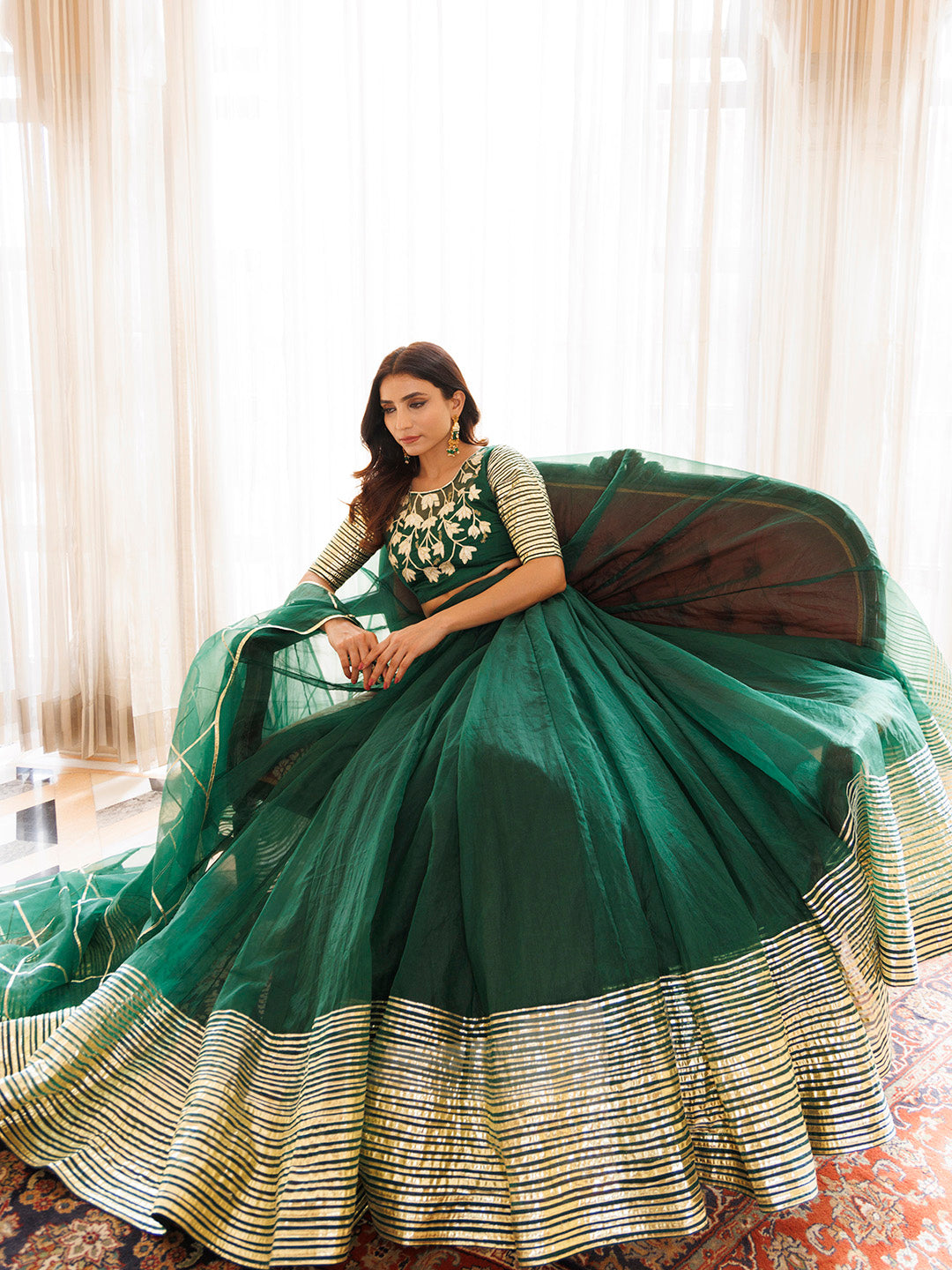 Emerald Green Organza Lehenga Set