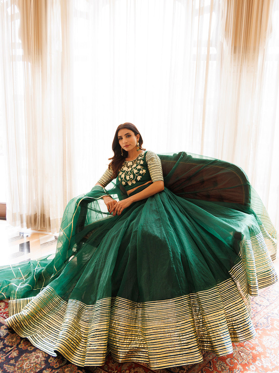 Emerald Green Organza Lehenga Set