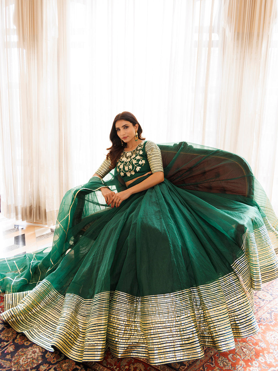 Emerald Green Organza Lehenga Set