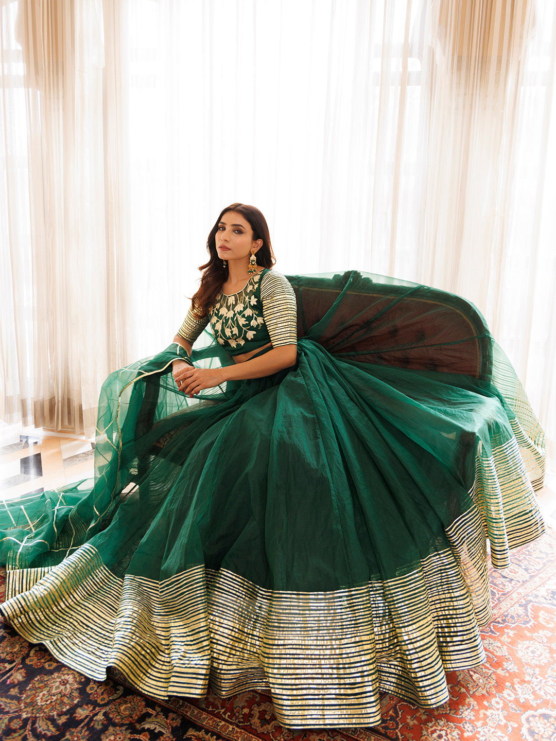 Emerald Green Organza Lehenga Set
