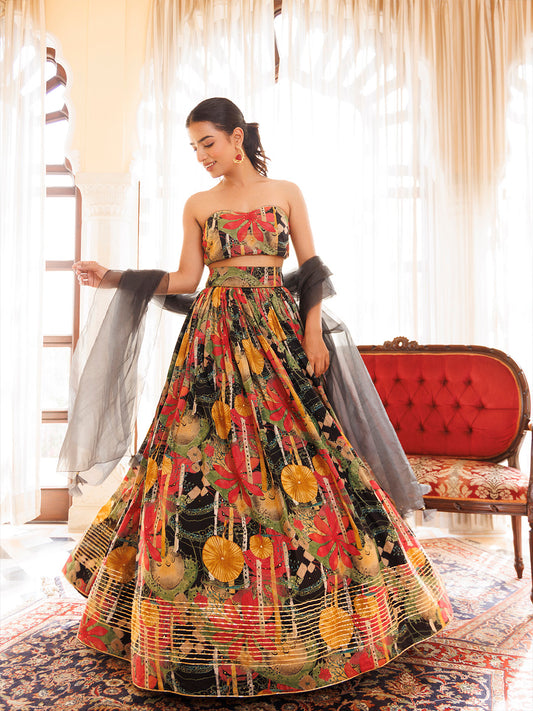 Black Gables Printed Cotton Lehenga Set