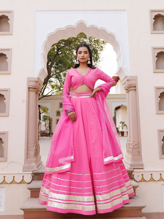 Pink Handwork Cotton Lehenga Set