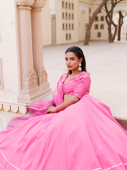 Pink Handwork Cotton Lehenga Set