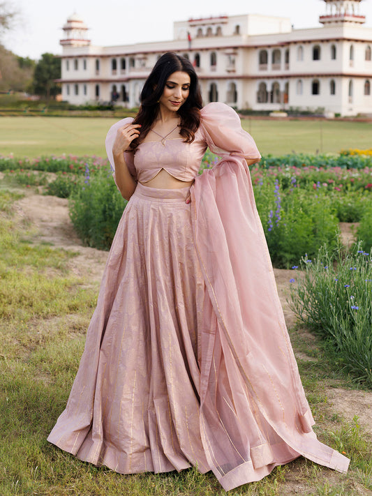 Rose Shadow Pink Handblock Printed Lehenga Set