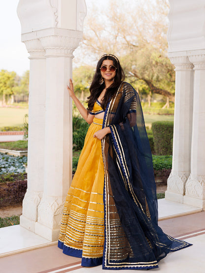 Sunset Gold Yellow and Navy Blue Lehenga Set