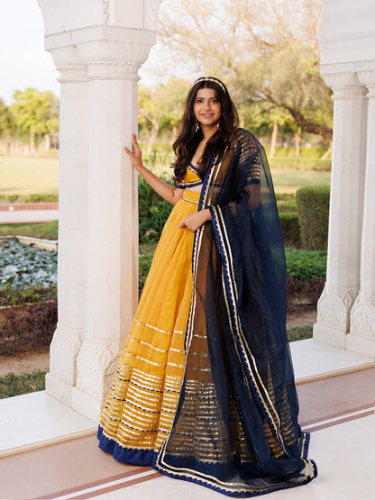 Sunset Gold Yellow and Navy Blue Lehenga Set