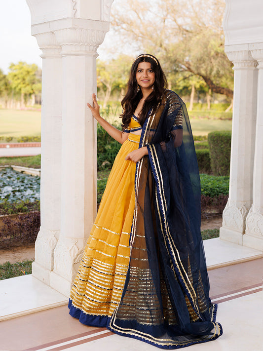 Sunset Gold Yellow and Navy Blue Lehenga Set