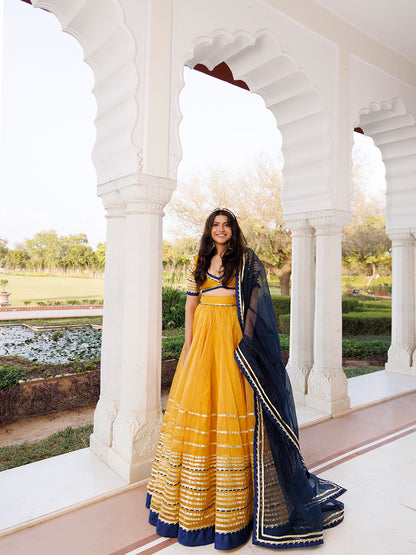 Sunset Gold Yellow and Navy Blue Lehenga Set