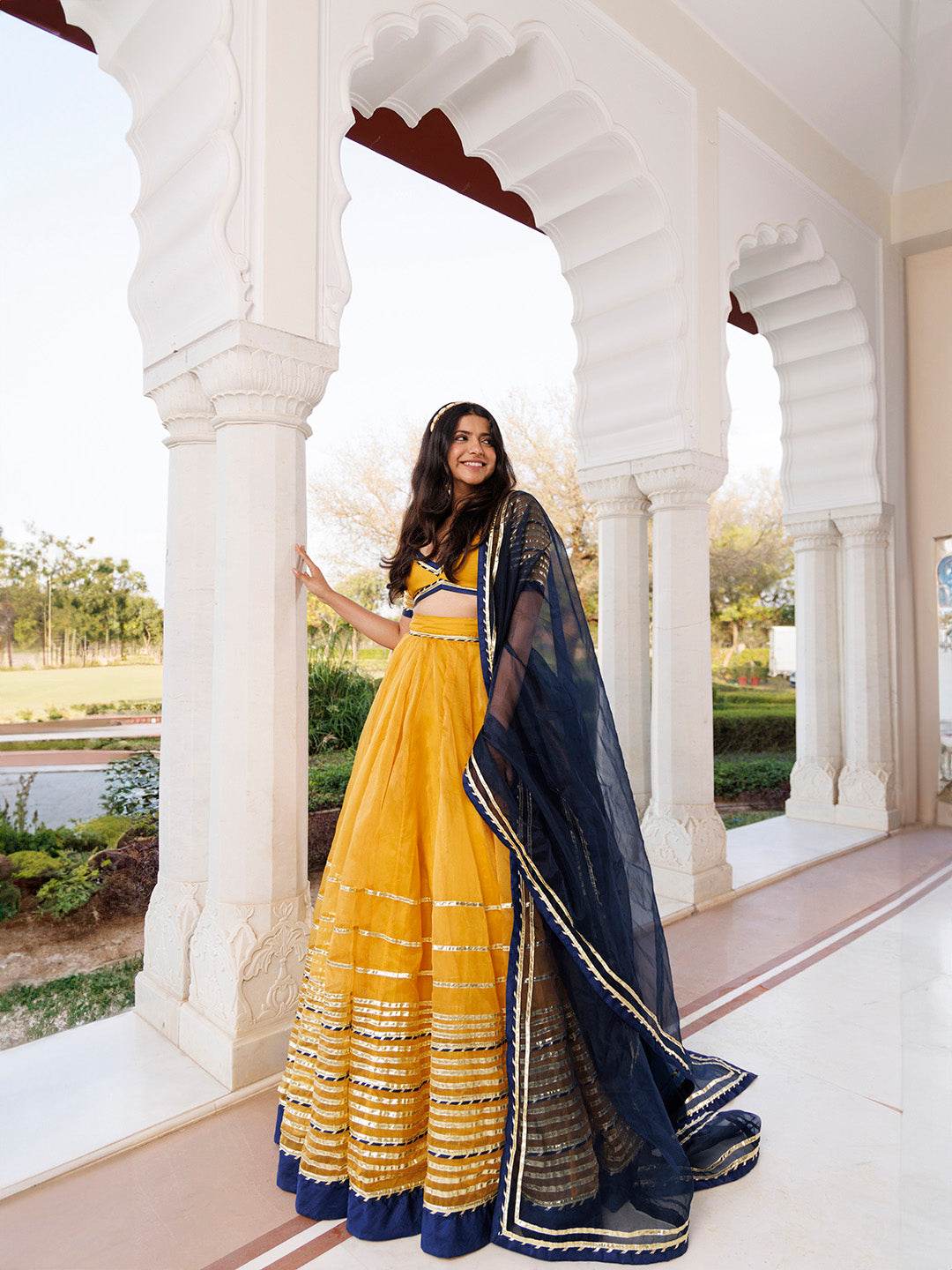 Sunset Gold Yellow and Navy Blue Lehenga Set
