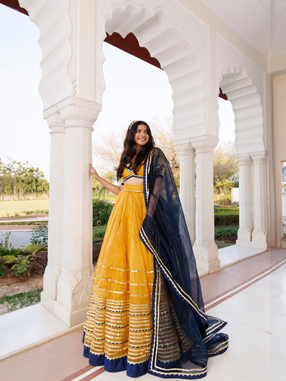 Sunset Gold Yellow and Navy Blue Lehenga Set