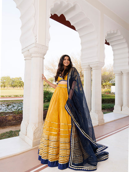 Sunset Gold Yellow and Navy Blue Lehenga Set