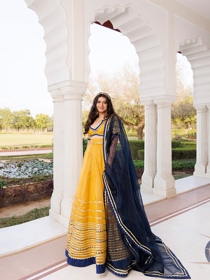Sunset Gold Yellow and Navy Blue Lehenga Set