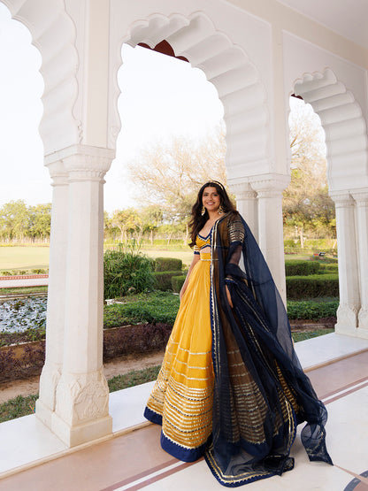 Sunset Gold Yellow and Navy Blue Lehenga Set