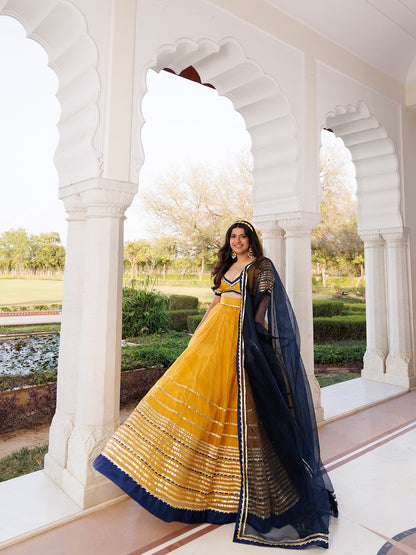 Sunset Gold Yellow and Navy Blue Lehenga Set