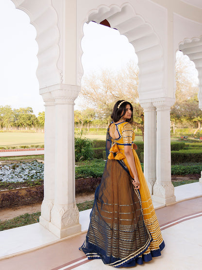 Sunset Gold Yellow and Navy Blue Lehenga Set