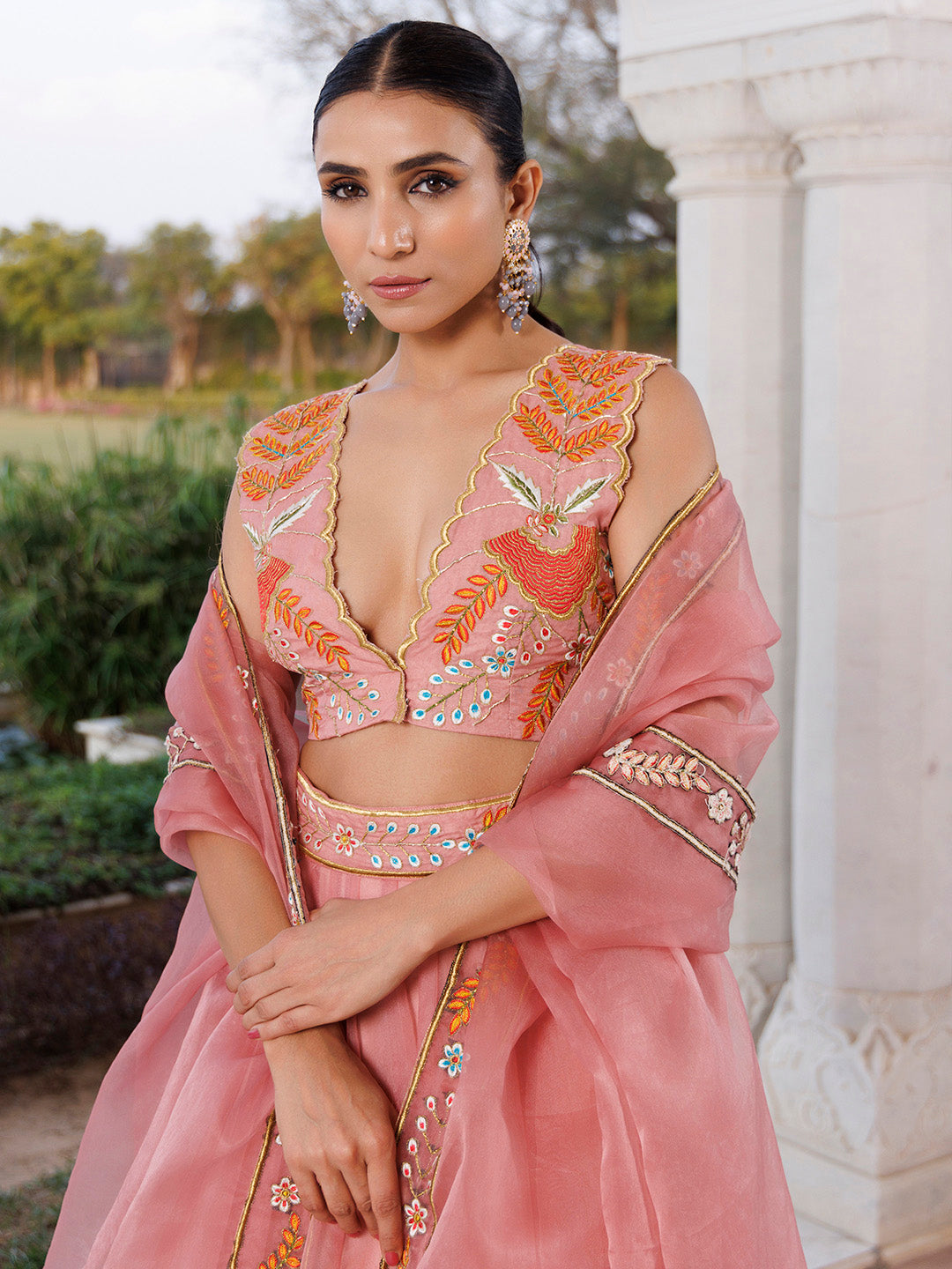 Peach Fuzz Embroidered Organza Lehenga Set