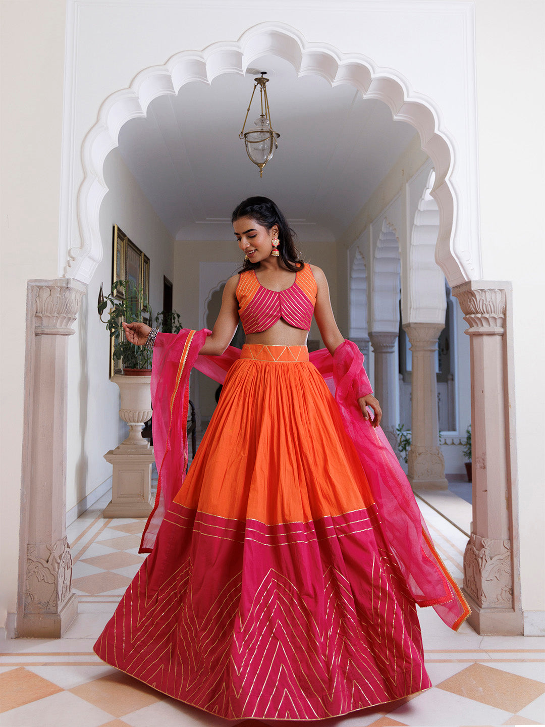 Pink Lemonade and Orange Cotton Lehenga Set