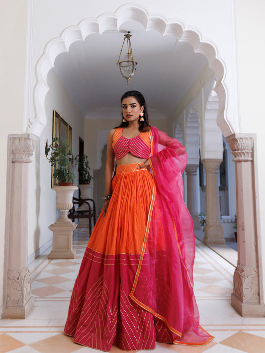 Pink Lemonade and Orange Cotton Lehenga Set