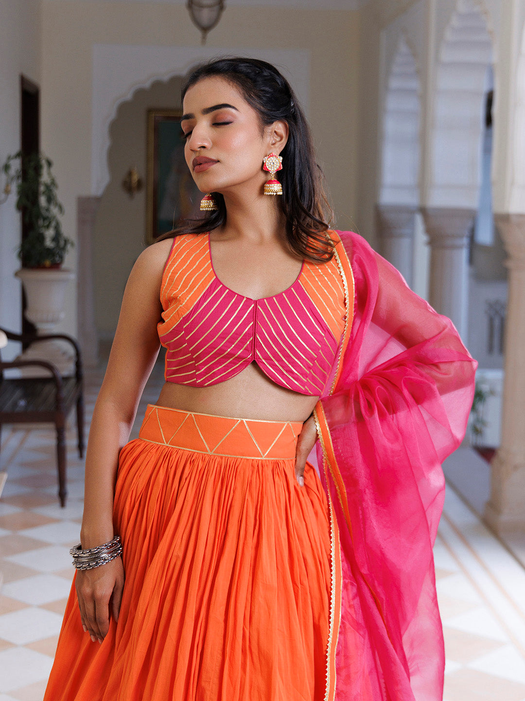 Pink Lemonade and Orange Cotton Lehenga Set