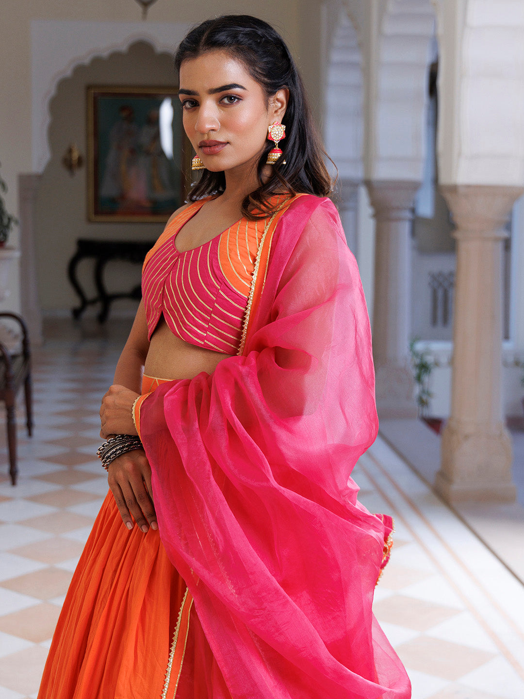 Pink Lemonade and Orange Cotton Lehenga Set