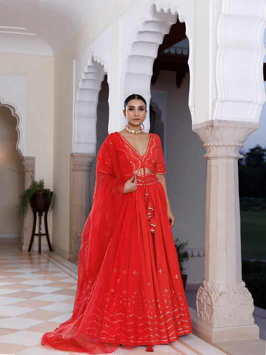 Red Cherry Mirror Work Embroidered Cotton Lehenga Set