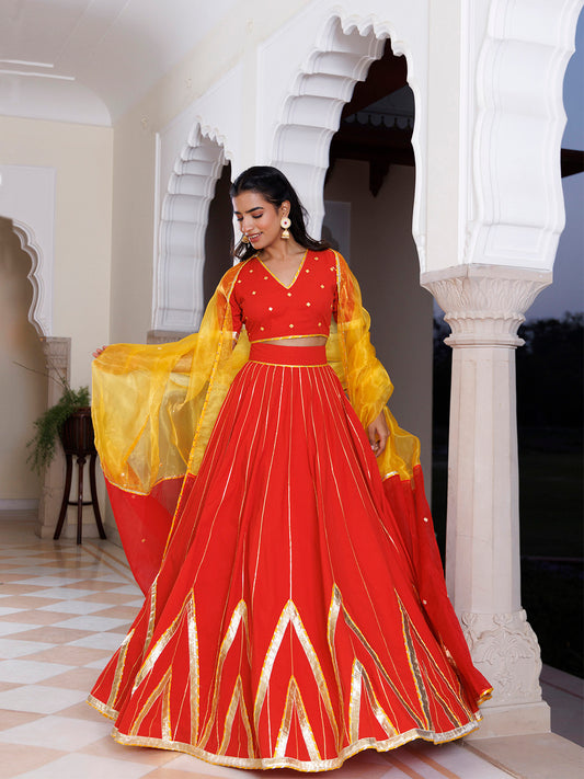 Red Alert and Yellow Cotton Lehenga Set