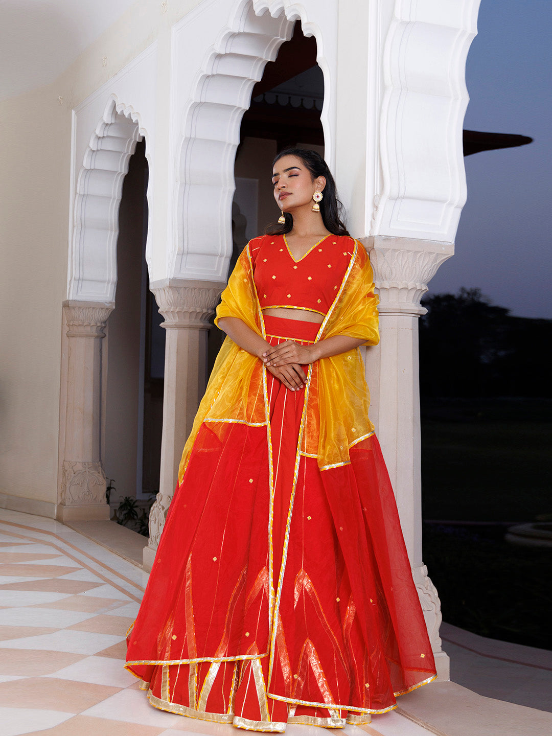 Red Alert and Yellow Cotton Lehenga Set