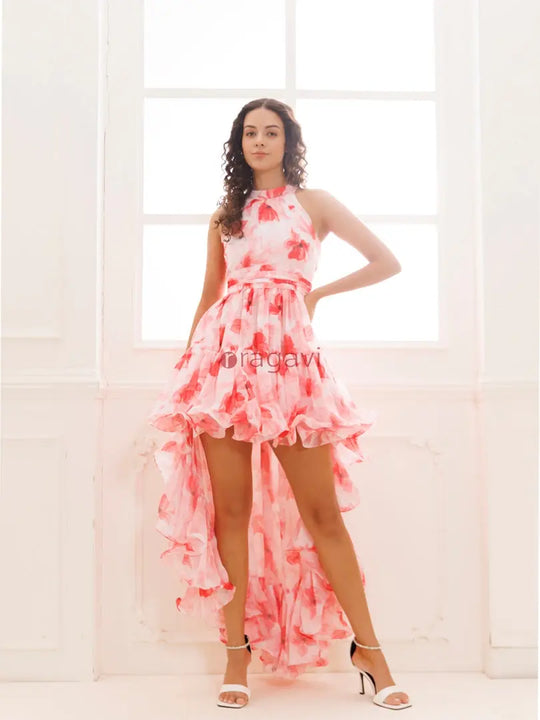 Ribbon Red Floral Georgette High-Low Dress Ragavi