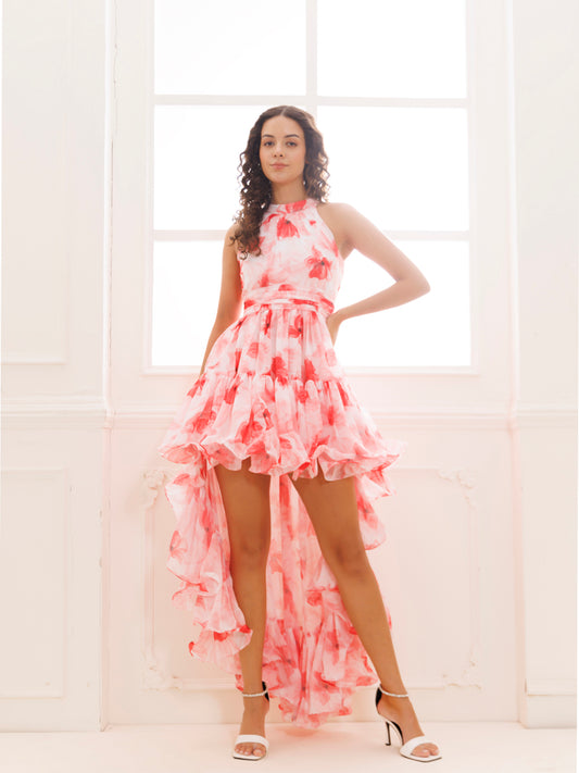 Ribbon Red Floral Georgette High-Low Dress