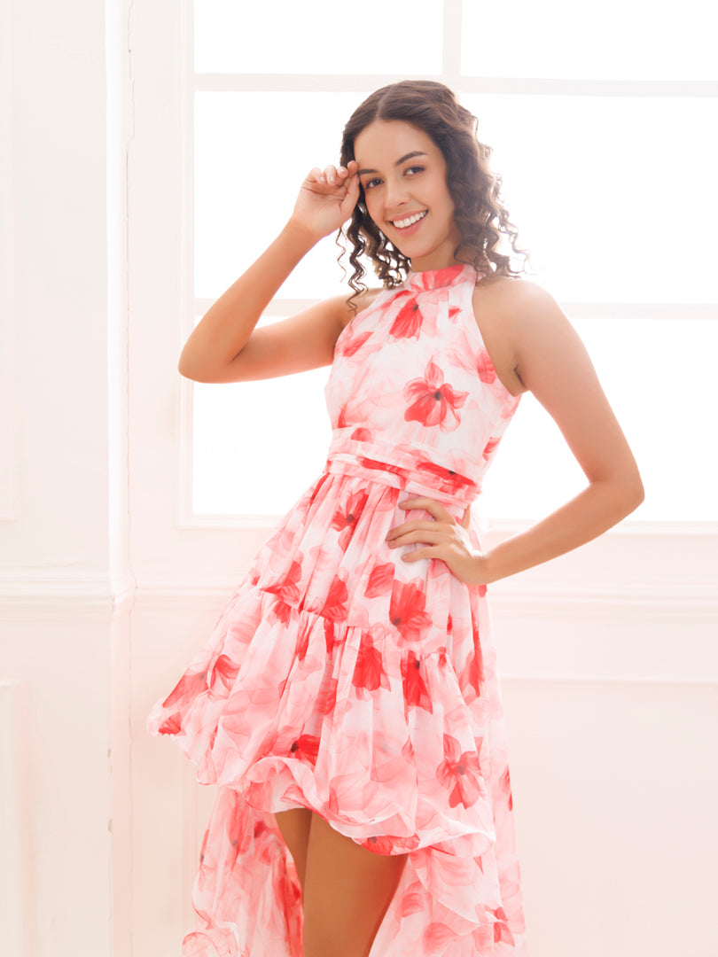 Ribbon Red Floral Georgette High-Low Dress
