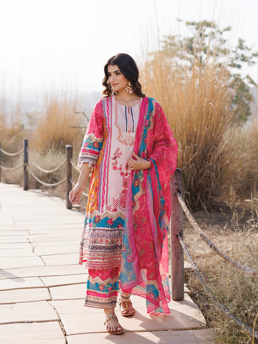Flowering Pink Muslin Kurta Set