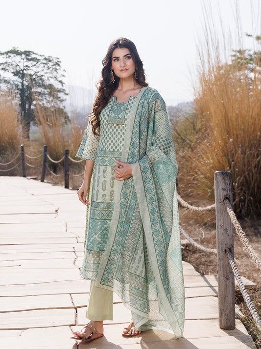 Fern Green Cotton Linen Suit Set
