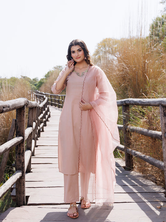 Mother Of Pearl Beige Cotton Embroidered Suit Set