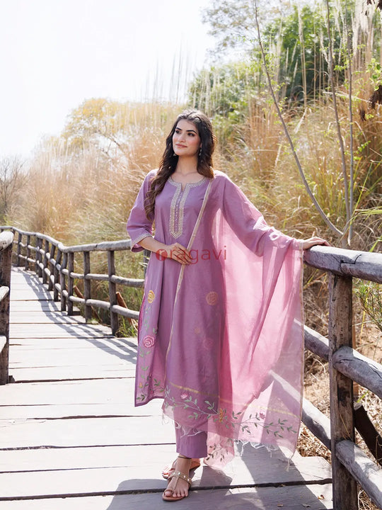 Heather Purple Cotton Suit Set - Ragavi