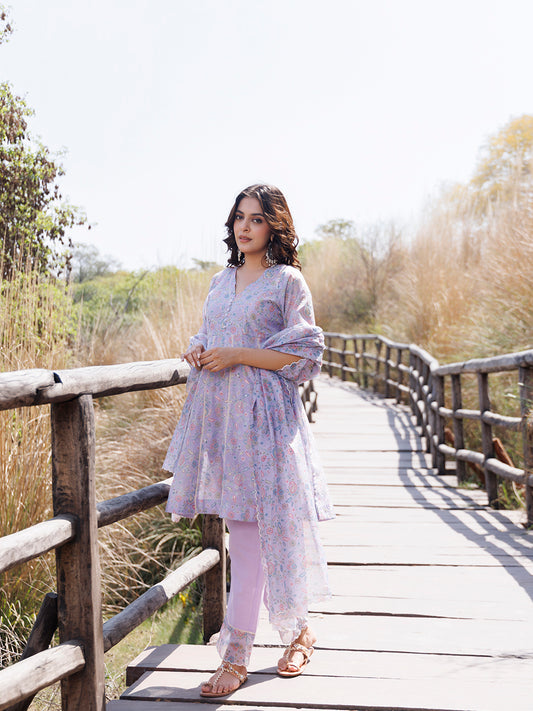 Bright Lilac Purple Chanderi Suit Set