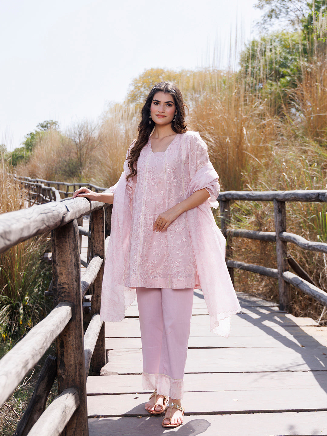Tea Rose Pink Chanderi Suit Set