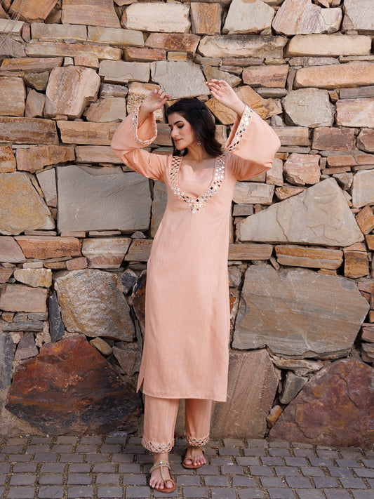 Peachy Keen Mirror Work Kurta Set