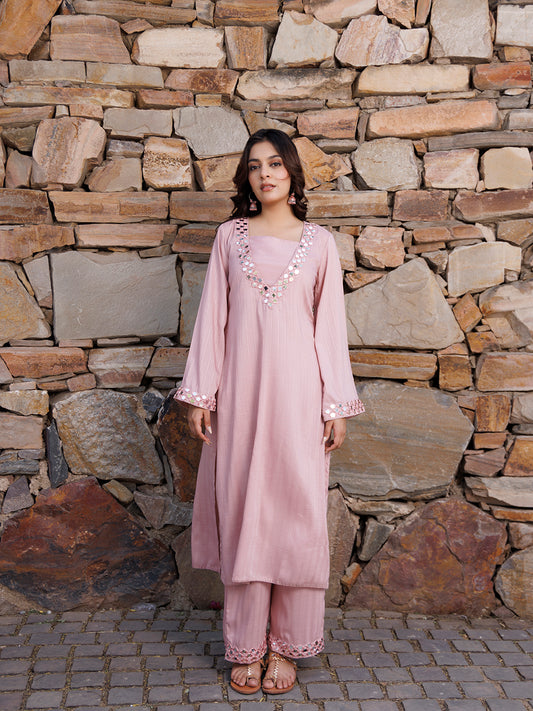 Soft Pink Mirror Work Kurta Set