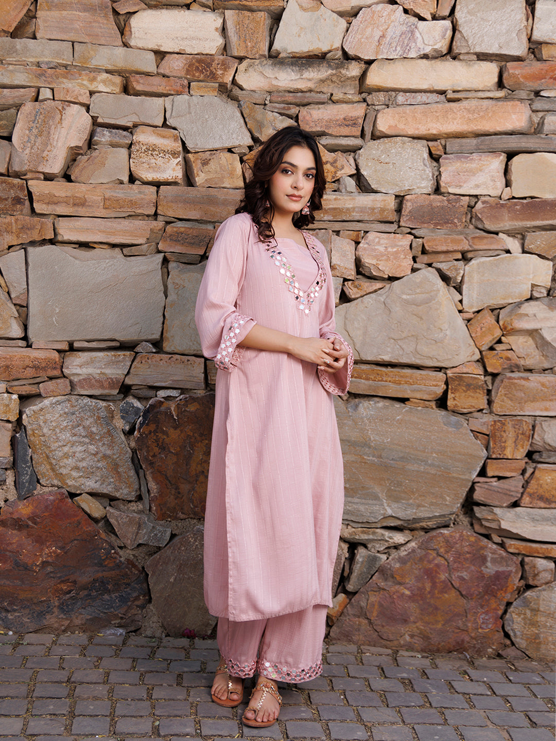 Soft Pink Mirror Work Kurta Set