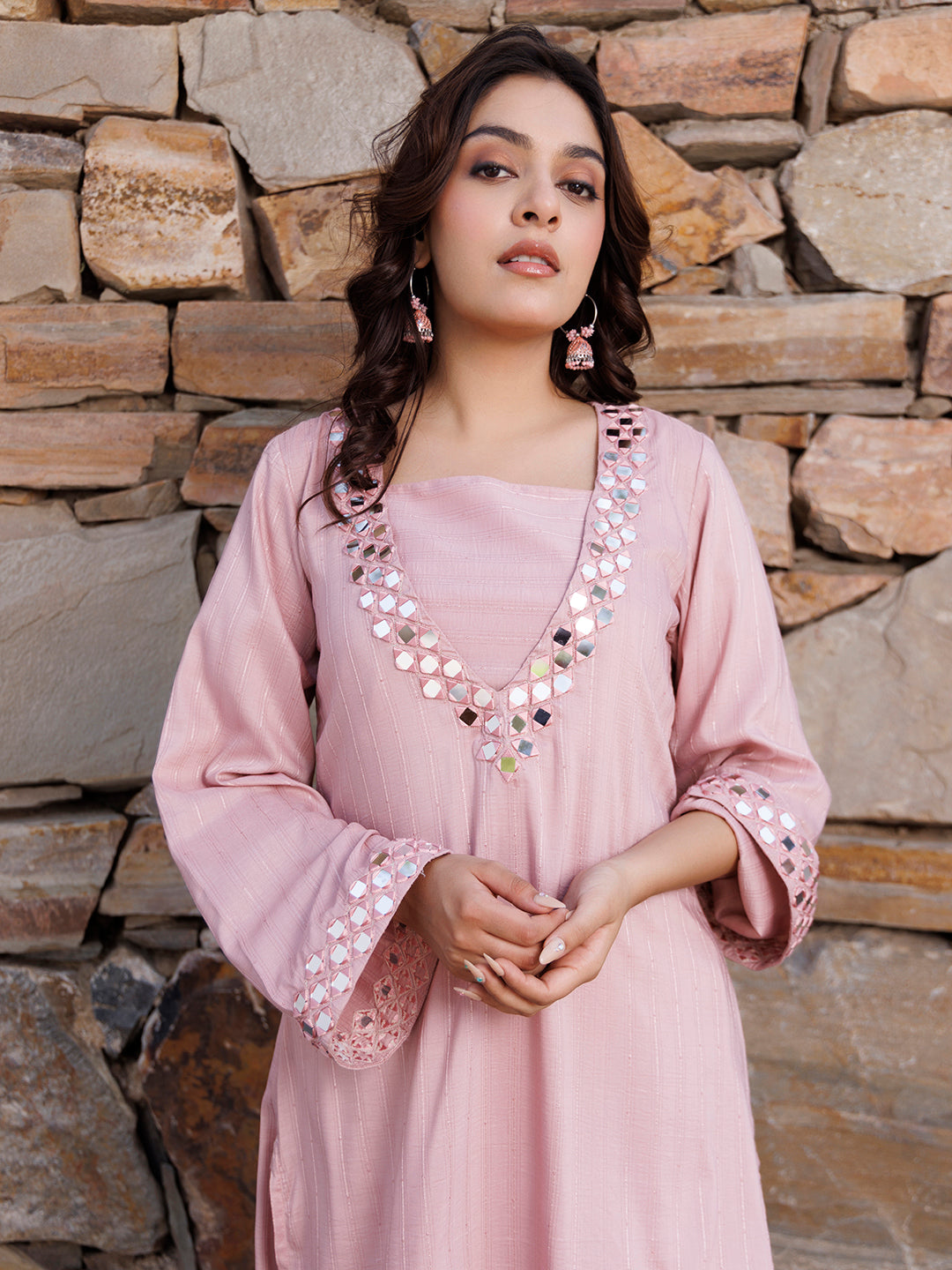 Soft Pink Mirror Work Kurta Set