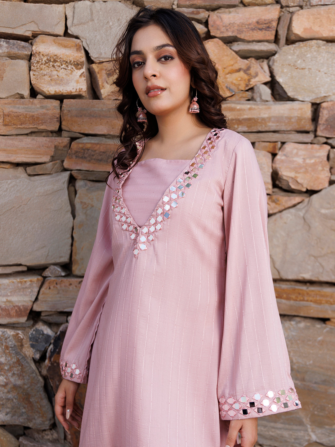 Soft Pink Mirror Work Kurta Set