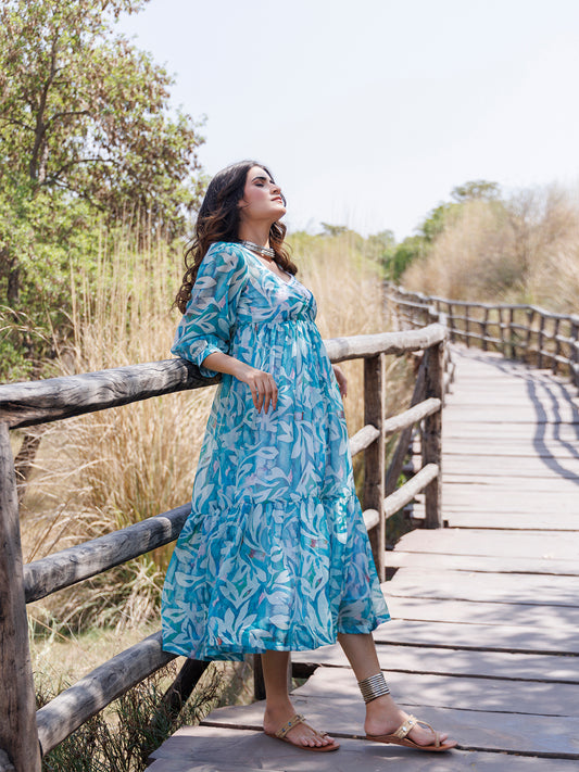 Teal Blue Organza Midi Dress