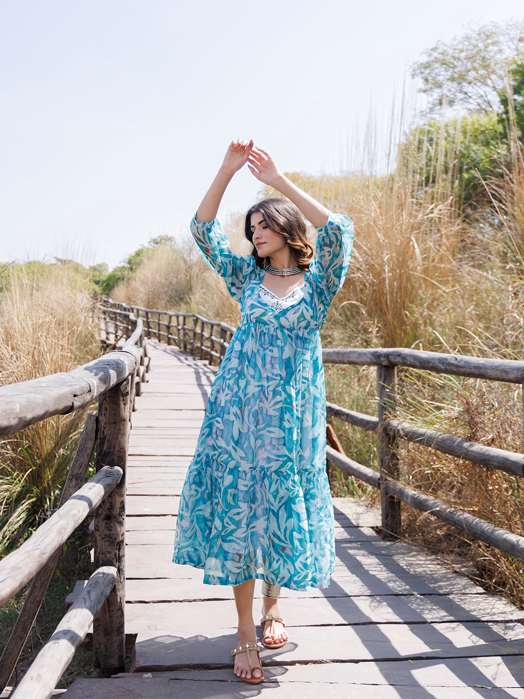 Teal Blue Organza Midi Dress