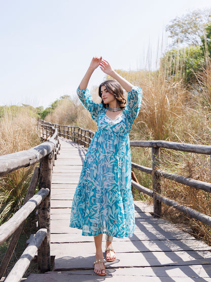 Teal Blue Organza Midi Dress