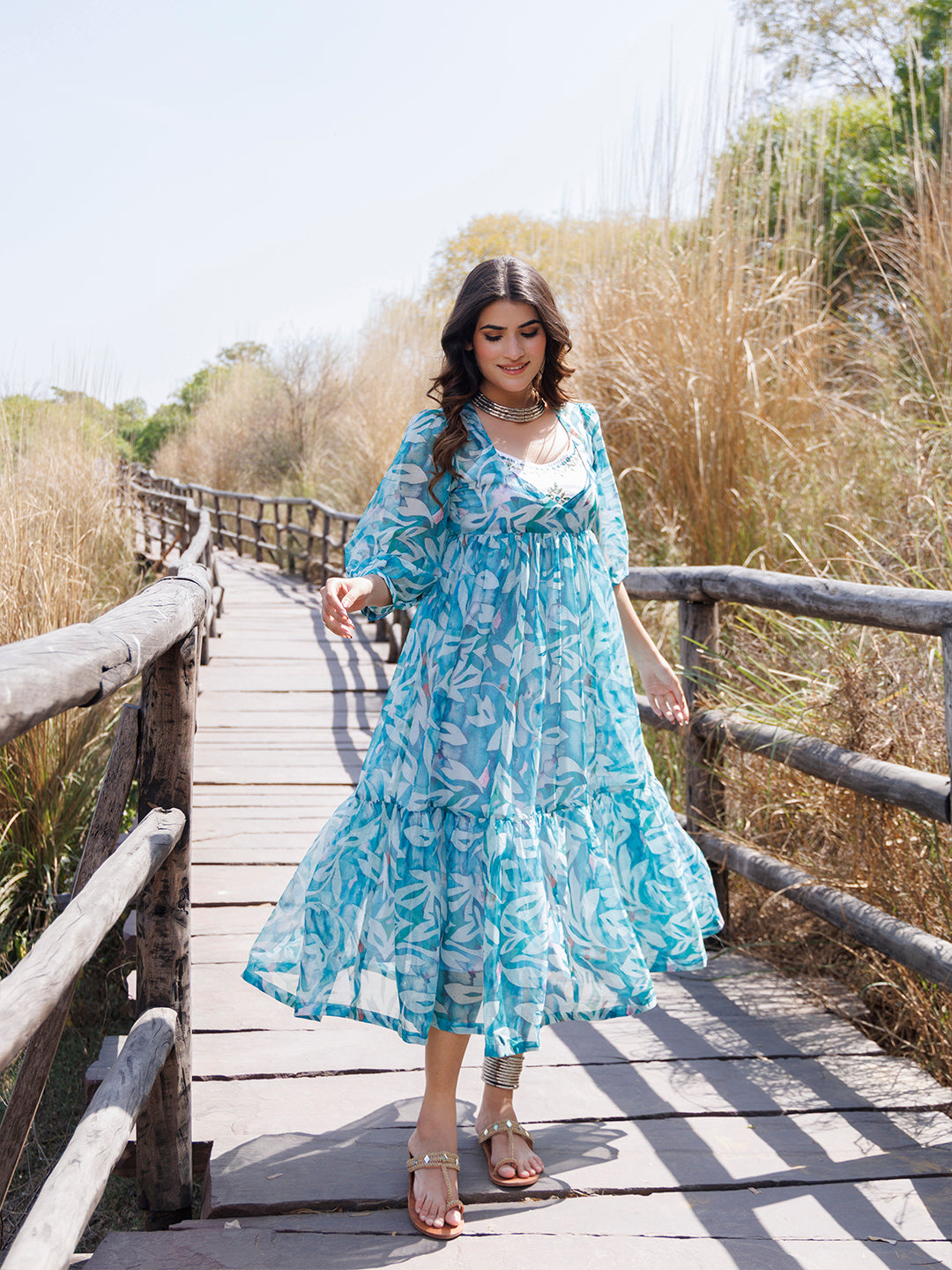 Teal Blue Organza Midi Dress