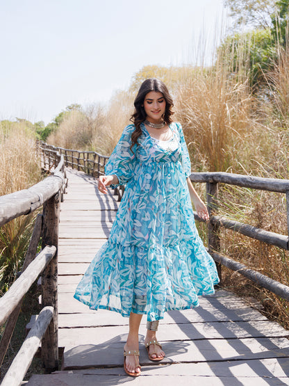 Teal Blue Organza Midi Dress
